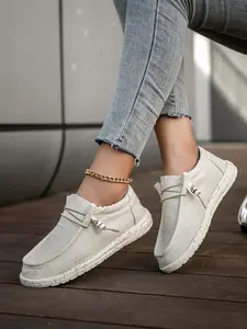 Women's Solid Color Flag Pattern Canvas Shoes, Low Top Slip-On Loafers, Soft Sole Breathable Lightweight Casual Daily Commute Sports Shoes