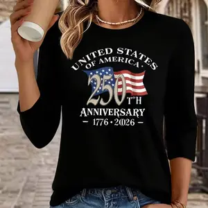 Women’s T-Shirt for the 250th Anniversary of the United States. Soft and breathable with a round neck and American flag print, casual relaxed fit, ideal for July 4th, July celebrations and all-year wear.