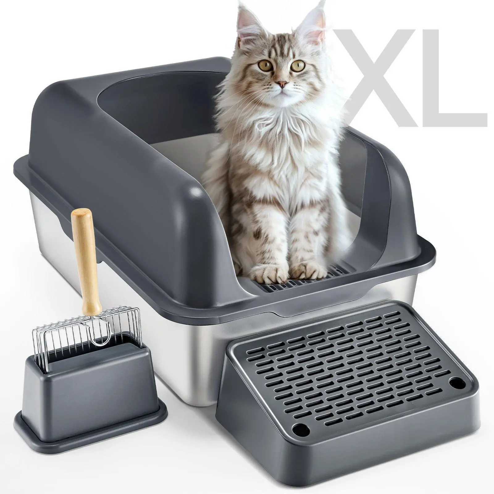 VEVOR Stainless Steel Litterbox, 6 in Deep Cat Litter Tray with 6.38 in High Walls, 60L Capacity, Odor Control, Filtering Foot Board, Scratch-Free High-Quality Material, Keeps Environment Cleaner#BacktoSchool