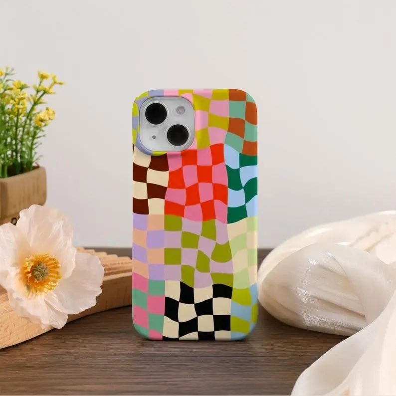 Colorful Distorted Checkered Polycarbonate Cellphone Case - Shock-Resistant, Durable Casing, Handheld Device Accessories Shell for iPhone 11/12/13/14/15/16/17 Pro, ProMax, Plus, Air, Gift for Her