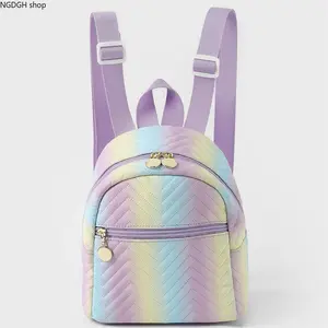 Pastel Rainbow Mini Backpack, Quilted Chevron Design, Adjustable Purple Straps, Gold Zippers, Perfect for Everyday Use, School, Concerts & Adding Whimsical Color to Your Outfit