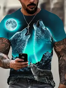Men's 3D Printed Wolf Pack Mountain Night Scene T-Shirt - Vivid Howling Wolf and Full Moon Pattern, Casual Streetwear Short Sleeve Crew Neck Top, Machine Washable Four Seasons Outdoor Daily Wear Round Neck