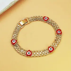 Boho Evil Eye Charm Bracelet for Women – Gold Tone Chain with Red Beads, Protective Symbol Jewelry, Durable Adjustable Bohemian Bracelet for Daily Wear, Festival & Gift