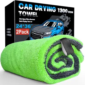 2 Pack XL  Drying Towel  1300GSM Ultra Absorbent Microfiber, 24"x36" Large Size, Twisted Loop, Lint-Free & Streak-Free for Auto Detailing, , SUV,  (Gray-Green)