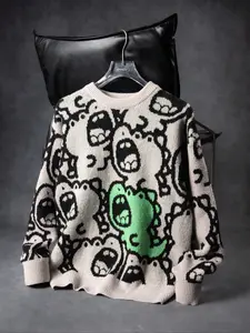 Men's Skull Print Dinosaur Knit Sweater, Casual Autumn/winter Fashion, Street Style Design, Perfect for Daily Wear & Gifts