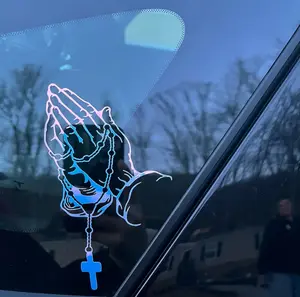 RAVOONY Christian Cross Car Exterior Decorative Sticker Elegant Praying Hands Rosary Gesture Laser Sticker Waterproof Vinyl Decal 7x4.3inches for Cars Walls Bicycles Laptop Easy Application Stylish Car Merch Accessories