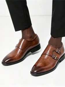 Men's Double Buckle Monk Shoes, Retro Matte Formal Leather Shoes, Comfortable Breathable Business Office Work Shoes, Non-Slip Sole For Wedding, Party And Daily Wear Footwear
