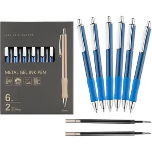 Metal Gel Pens, 6 Pack with 2 Extra Refills, Blue Metal Barrel, 0.7mm Medium Point Blue Ink - Quick-Dry No-Smudge Smooth Writing Pens for Office, Journaling, Art & Gifts
