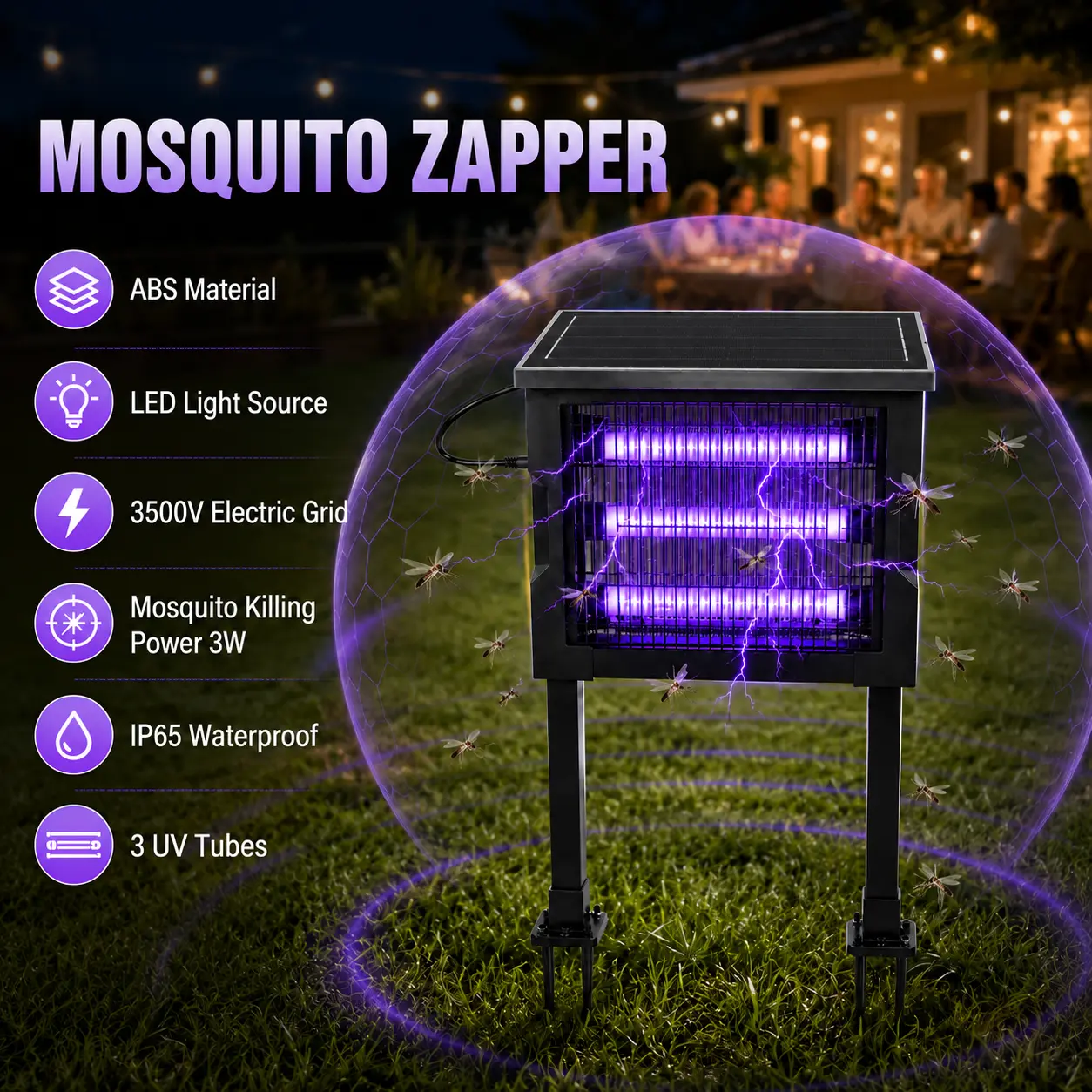 Solar purple light insect attractant lamp, 3500V UV mosquito killer lamp, IP65 waterproof outdoor fly catcher, automatic start/stop solar bug zapper, outdoor landscape lighting for lawns, balconies, and backyards