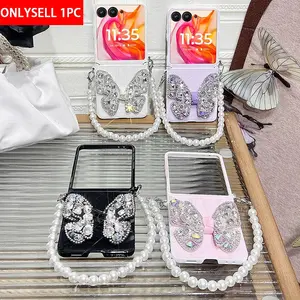 PU leather rhinestone butterfly phone case with a bracelet, featuring a hard PC back plate for phone protection. Compatible with Motorola Razr 2024, Razr 2025, Razr 50, Razr 60, Razr 50 Ultra, Razr 60 Ultra