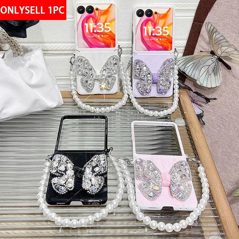 PU leather rhinestone butterfly phone case with a bracelet, featuring a hard PC back plate for phone protection. Compatible with Motorola Razr 2024, Razr 2025, Razr 50, Razr 60, Razr 50 Ultra, Razr 60 Ultra，，Razr 2026，Razr 70