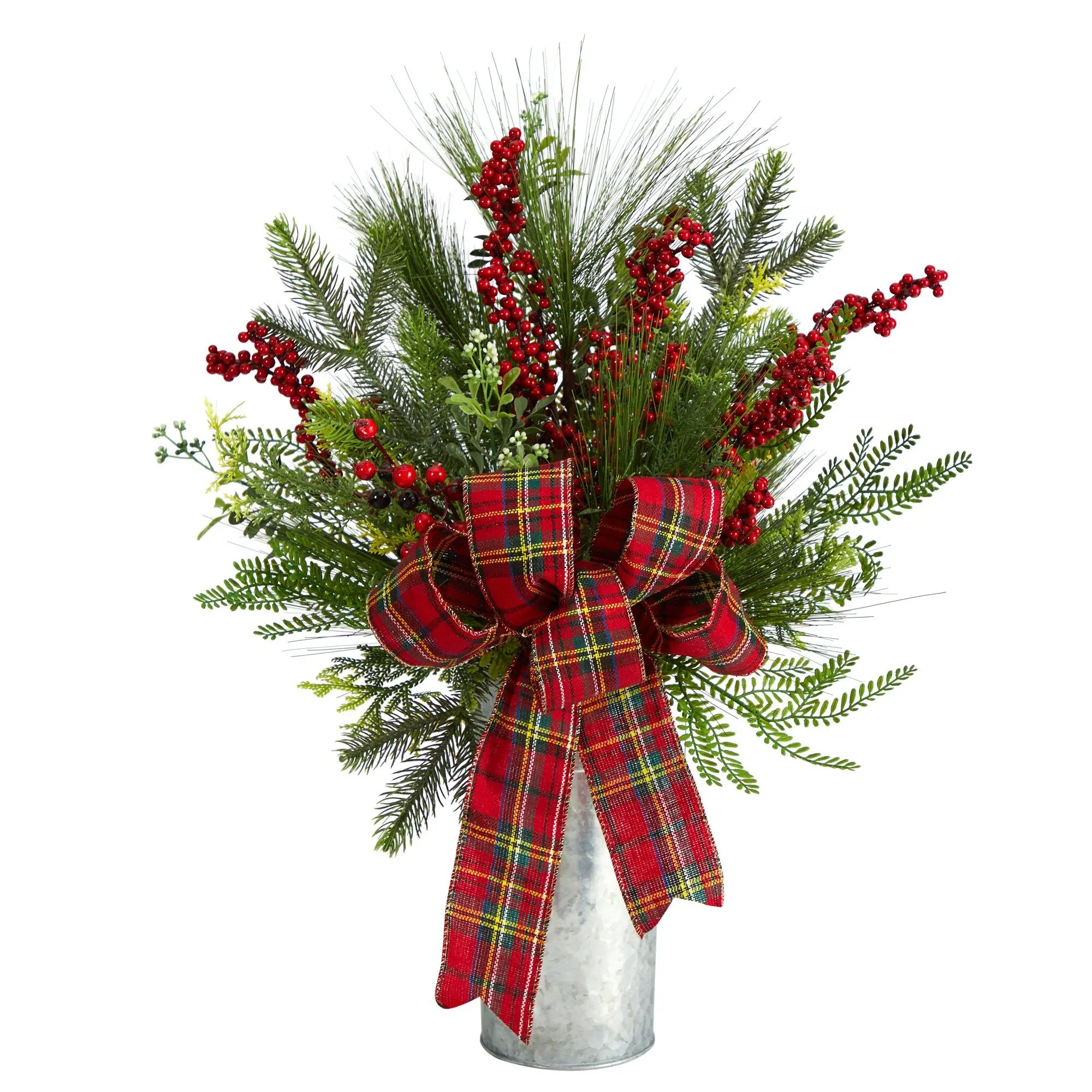 28in Standing Artificial Christmas Arrangement - Holiday Winter Greenery, Berry Accents, Buffalo Plaid Bows, Ribbon Details - Artificial Boxwood Decor for Home Festive Decorations