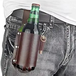 Portable Waist Bottle Holder, Hands-Free Beer Cup Carrier, Adjustable Sturdy Handy Denim Leather Belt Bag, Outdoor Camping BBQ Party Use