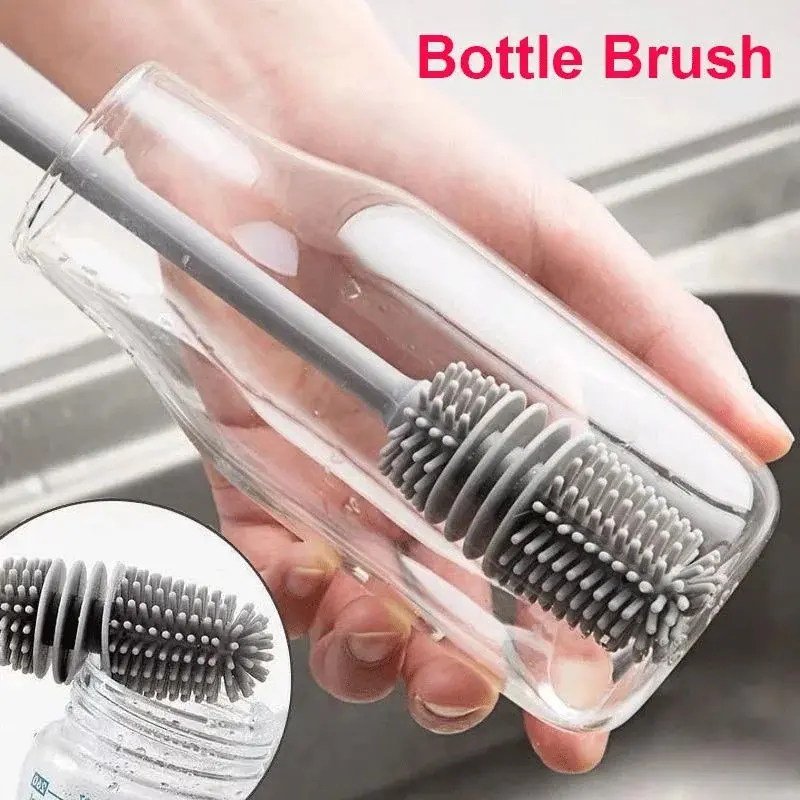 Bottle Cleaning Brush Silicone Long Handle Flexible Bendable Mold Resistant Multipurpose Kitchen Washing Tool for Home Use