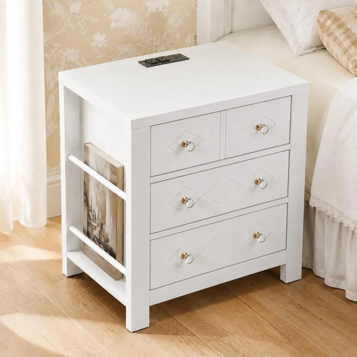 Tall Nightstand with Storage, 3-Drawer Bedside Table with USB-C & AC Outlets, Modern Nightstand with Open Shelf and Crystal Handles, Durable Painted Night Stand for Bedroom, (White, Black)