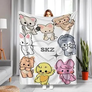 Warm Cozy Blanket SKZ Cartoon Character Flannel Blanket  Soft Polyester Sofa Bed Car Office  All-Season Cozy Throw for Sofa & Bed, Stylish Novel Pattern Design, Perfect for Air Conditioned Rooms, Bed Warmer, Playful Design, Durable Fabric Labor Day