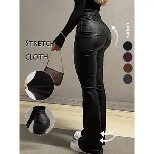 High-waisted PU bell-bottom pants, casual and comfortable, plain button-pocket pants, women’s underwear for all seasons, autumn and winter clothing, elastic PU leather bell-bottom pants, coated bell-bottom pants, styles