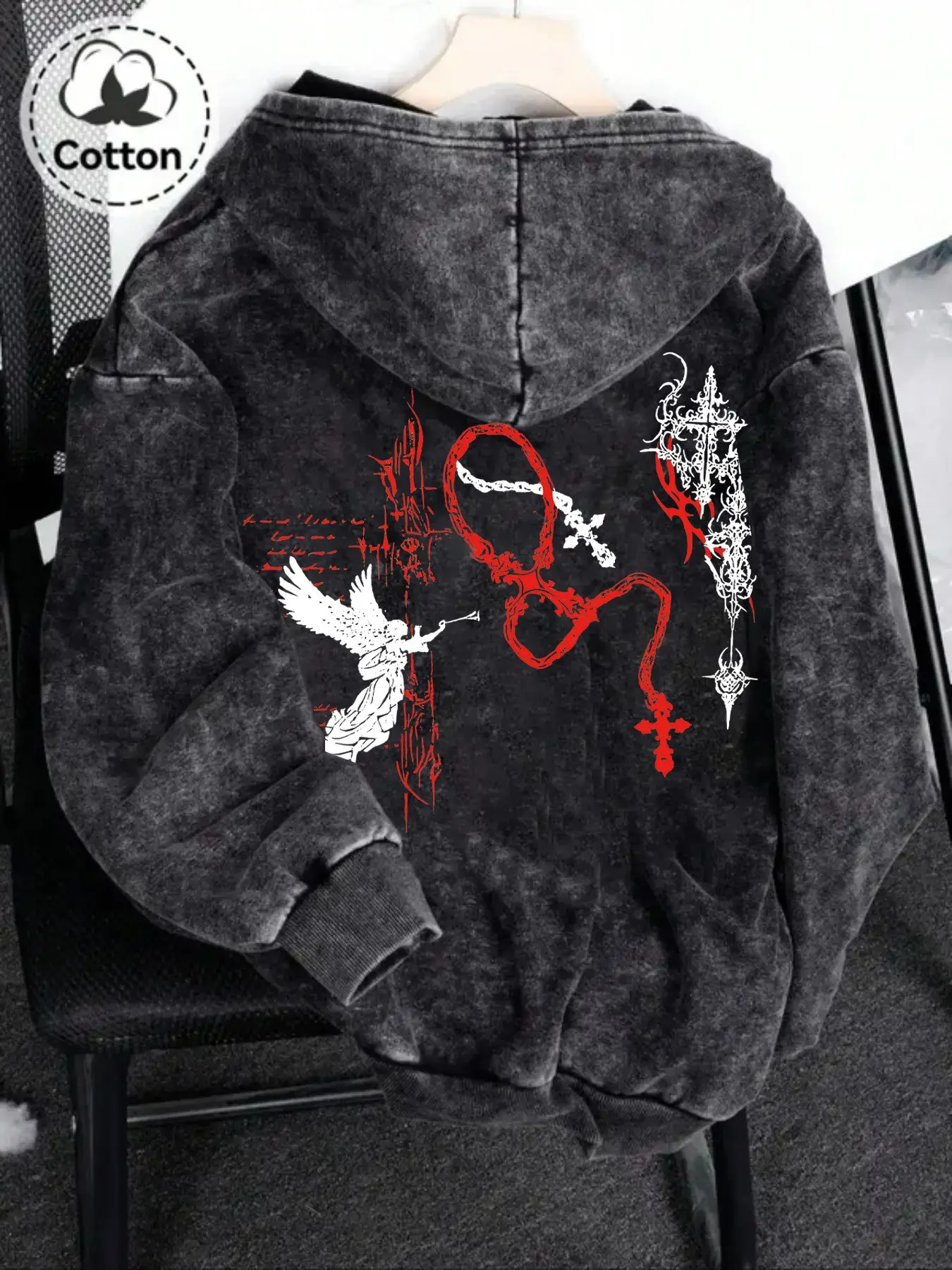 【STONE】Thorn cross sweat shirt Men's Y2K Dark Aesthetic Saint Thorn Cross Zip Graphic Print