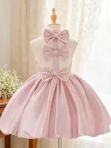 Girl's backless halter neck frill trim bow puffy violin birthday party piano catwalk stage performance party dress