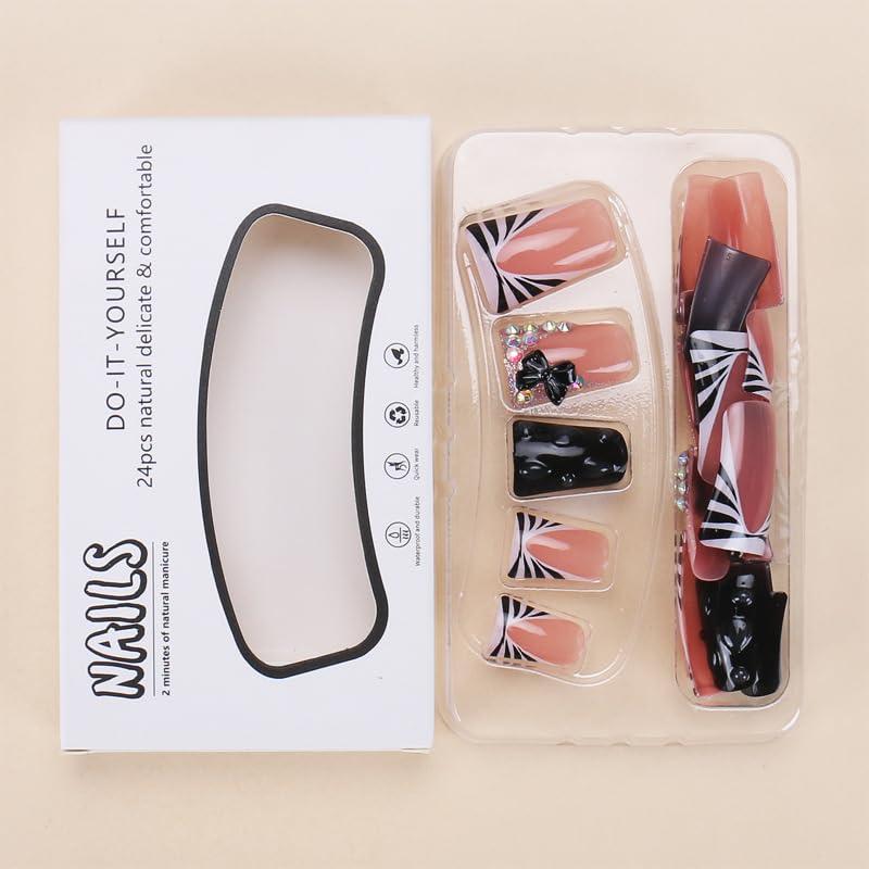 24 Pcs Black Duck Press on Nails Short Square French Tip Fake Nails with Rhinestones & Cute Bow Design, Y2K Acrylic Stick on Nails Kit for Women, Nude Glue on Nails for Nail Art Decoration