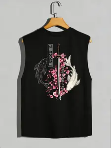 Unisex Japanese Koi Sakura Samurai Cultural pattern vest, double-sided Japanese quotation sleeveless T-shirt, casual summer gym men's and women's street top