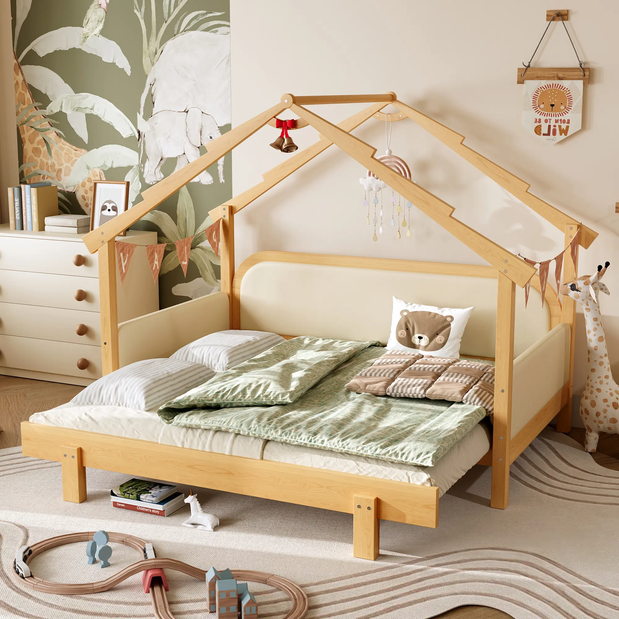 Twin Size Wood Treehouse bed with Soft Cushion Rails & Flexible Space Functionality for Modern Rooms,The package will be shipped in two separate parcels