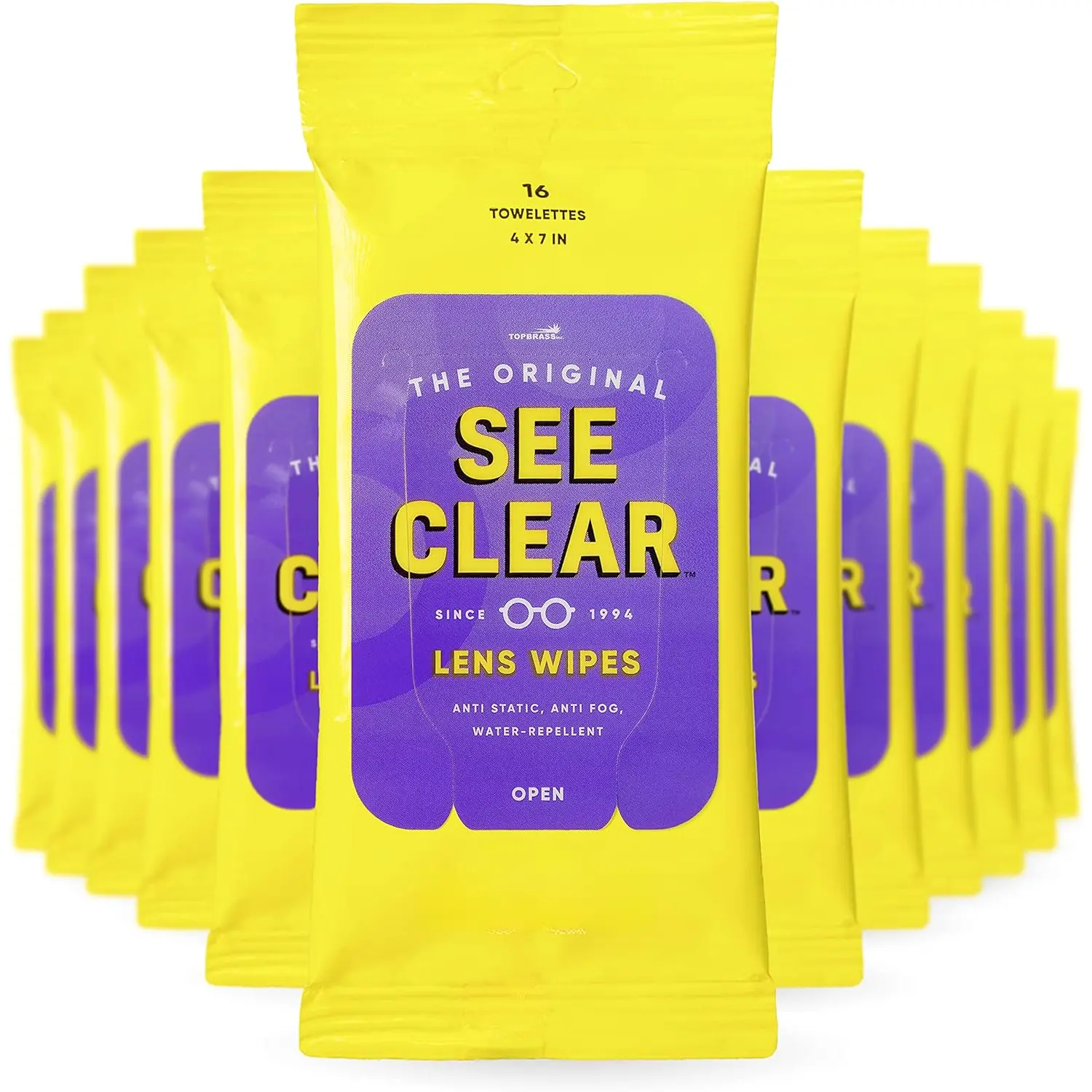 See Clear  Lens Cleaning Wipes - Pre-Moistened Eyeglass & Screen Cleaning Cloth Towelettes - Streak Free, Scratch Free Lens &  Screen Cleaner - 12 Resealable Packs of 16 (192 Wipes)