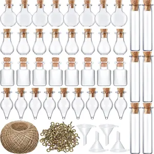 Geiserailie 50 Pieces Small Tiny Glass Spell Jars Bottle with Cork Stopper Witchy Gifts Witchcraft Supplies Wishing Bottles with Eye Screws Funnel Rope for DIY Crafts(Transparent,Style C)
