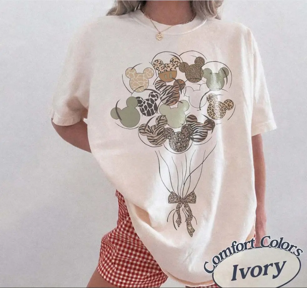 Youth and Adult Retro Safari Balloon Graphic T-Shirt, Leopard Bow Coquette Adventure Tee, Matching Family Wildlife Vacation Outfit, Unisex Animal Lover Gift