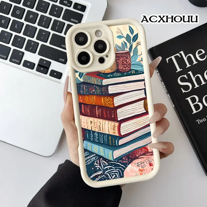 Softcase for iPhone 17 16 E Pro Max 15 Plus 14 13 12 11 XS XR Book Stack Coffee Mug Art Shockproof Silicone Lightweight Anti-Scratch Cover