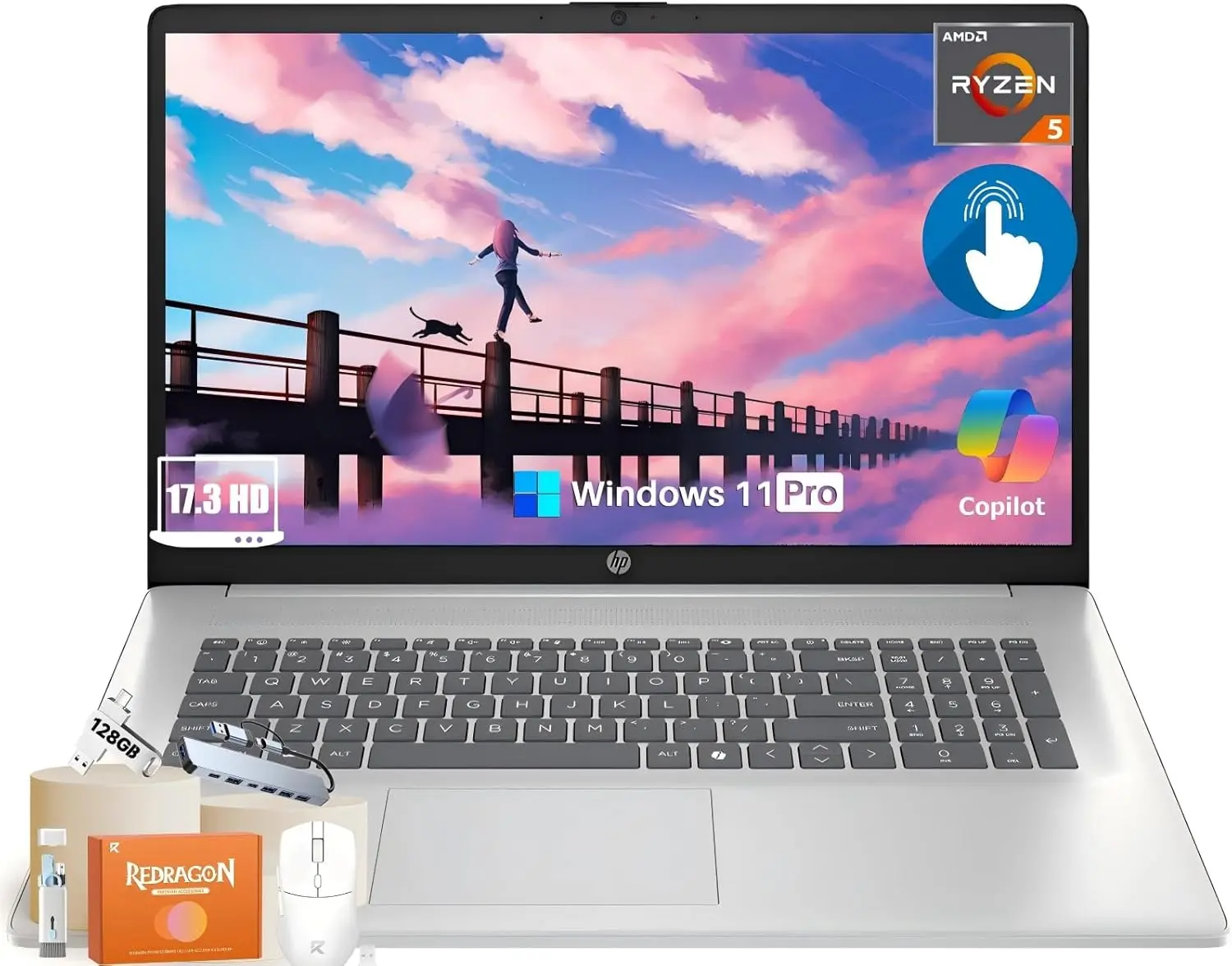 HP 17 Inch Touchscreen Laptop Computer for Business, AMD Ryzen 5 7430U, 17.3" HD+ Anti-Glare Display, 16/32/64GB RAM, 512GB/1TB/2TB SSD, Copilot AI, Wi-Fi 6, Bluetooth 5.4, Fast Charge, Windows 11 Pro, MUSIC ATMOSPHERE LAMP,Accessories