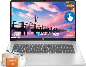 HP 17 Inch Touchscreen Laptop Computer for Business, AMD Ryzen 5 7430U, 17.3" HD+ Anti-Glare Display, 16/32/64GB RAM, 512GB/1TB/2TB SSD, Copilot AI, Wi-Fi 6, Bluetooth 5.4, Fast Charge, Windows 11 Pro, MUSIC ATMOSPHERE LAMP,Accessories