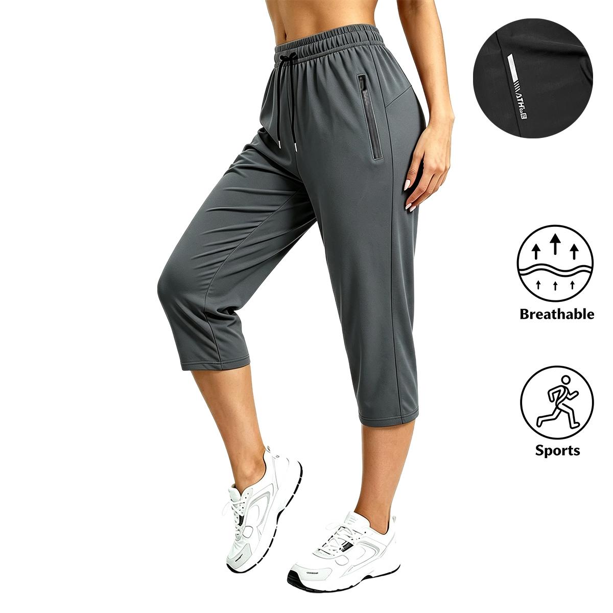 Four-pack women’s athletic capri pants made from breathable fabric for sports, featuring an elastic drawstring waistband that is comfortable and doesn’t constrict. Suitable for running, yoga, workouts, and everyday casual wear; machine washable and easy t