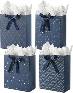 4 Pack 9" Medium Size Gift Bags Assorted Premium Blue Gift Bags with Tissue Paper Use for Birthdays, ,weddings,Party Favor, Holiday Presents-7" X 4" X 9"