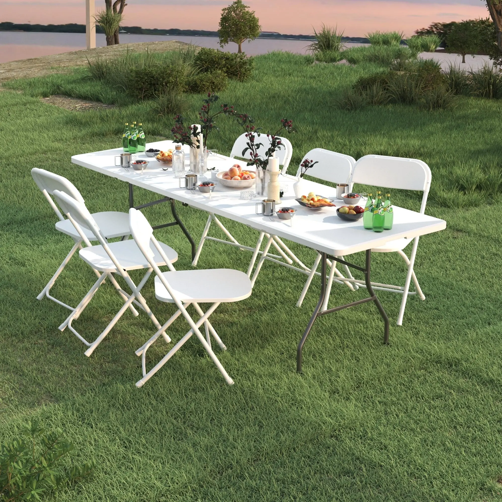 White 6-Ft Fold-in-Half Plastic Folding Table, Durable Portable Lightweight Outdoor Picnic Table with Carry Handle, Easy to Store & Clean, Ideal for Parties, Camping, Indoor/Outdoor Furniture Use