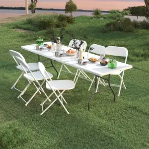 White 6-Ft Fold-in-Half Plastic Folding Table, Durable Portable Lightweight Outdoor Picnic Table with Carry Handle, Easy to Store & Clean, Ideal for Parties, Camping, Indoor/Outdoor Furniture Use