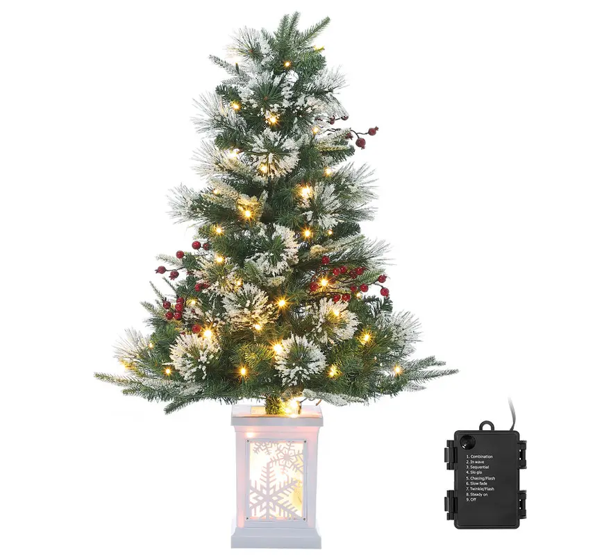 3ft Pre-Lit Christmas Tree,Artificial Christmas Trees with 78 Lighting & Berries,Snow Flocked Xmas Tree Tabletop Christmas Tree for Home,Office,Christmas Decoration,Snowflake Base,1pcs