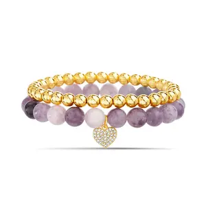 Lepidolite Heart Charm Stretch Bracelet Set