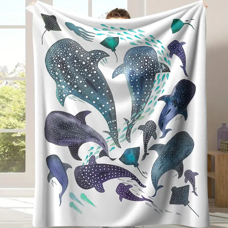 Watercolor Whale Shark Stingray Throw Blanket, Teal Purple Spotted Marine Life Jellyfish School Fish Flannel Blanket, Soft Fleece Blanket, Perfect Ocean Sea Animal Lover Nursery Beach Holiday Gift