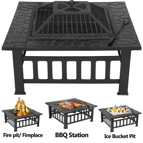 Zeny 32-in Wide Square Metal Portable Outdoor Firepit Stove - 3-in-1 Model, 32" Wood Fit, Fire Poker, Spark Screen, BBQ Grill, Weather-Resistant PVC Cover, Fire Grate for Steady Cooking, Ice-Ready Bowl for Backyards, Camping, Warmth