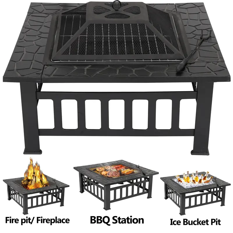 Zeny 32-in Wide Square Metal Portable Outdoor Firepit Stove - 3-in-1 Model, 32" Wood Fit, Fire Poker, Spark Screen, BBQ Grill, Weather-Resistant PVC Cover, Fire Grate for Steady Cooking, Ice-Ready Bowl for Backyards, Camping, Warmth