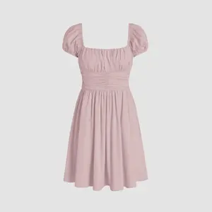 Cider [3 colors, size 0-26] Linen-Blend Ruched Ruffle Square Neck Mini Dress