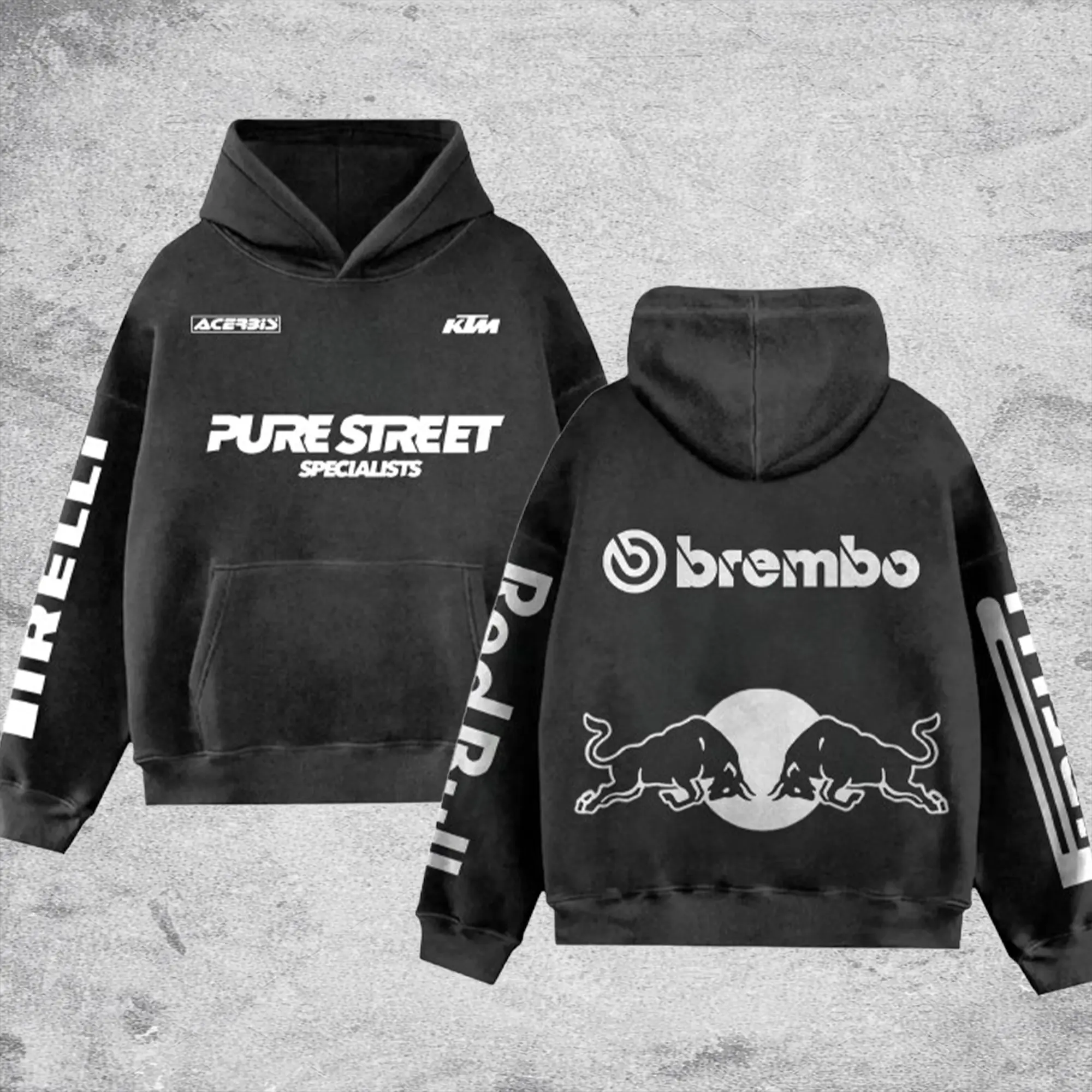 Redbull Pure Street Brembo Racing Retro Unisex Washed Hoodie Hoodie Motor World Champion Enthusiast Apparel Streetwear Helmet Racing Team Super Motorsports Clothing Riders Motocross Off-Road Dirt Bike Fan Gear Cotton For Motor Fan
