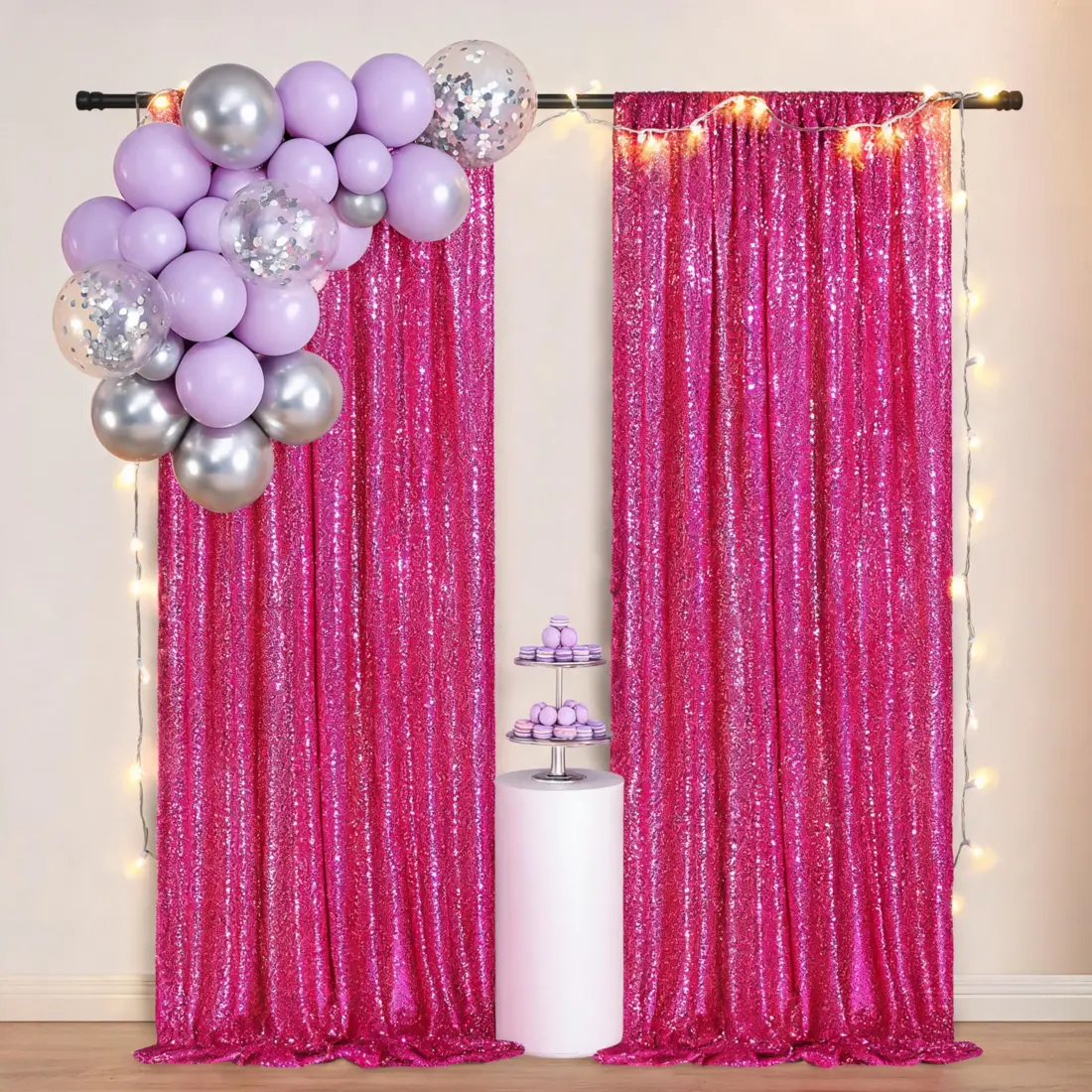 2 Panels 2x8ft Fuchsia Glitter Sequin Backdrop Curtain for Photography Studio Wedding Party Birthday Halloween Christmas Decor