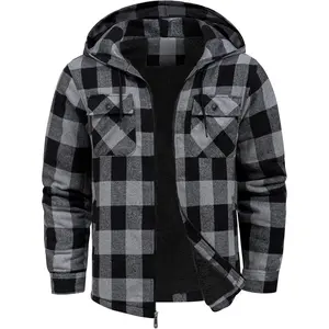 Mens Flannel Hooded Jacket Sherpa Lined Zip Up Hoodies for Men Plaid Shirt Jackets Warm Thick Fleece Coat with Pocket