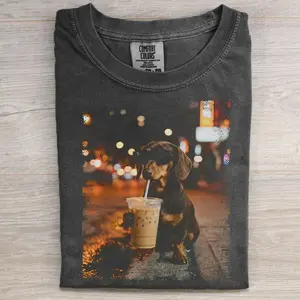 Funny Dachshund Drinking Iced Coffee T-shirt, Vintage 90s Dog Meme Graphic Tee, Animal Lover Shirt, Unisex Casual Streetwear, Gift for Men and Women
