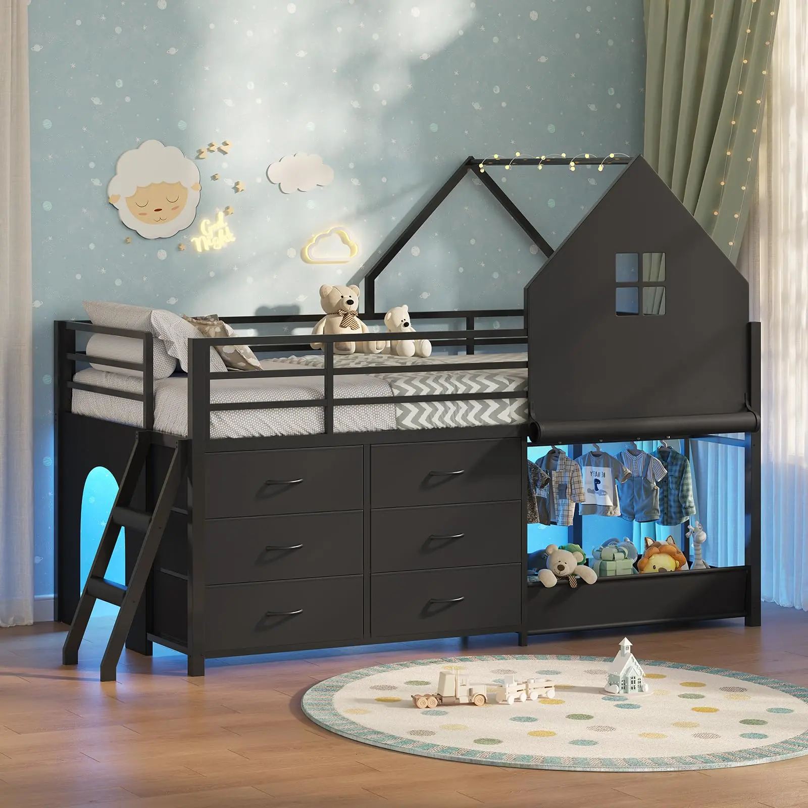 Twin Size Loft Bed with Clothing Rack & Toy Storage Box, Metal Low Loft Bed with LED Light, 6 Drawers, Safety Guardrail, Inclined Ladder, House Bed Frame with Under-Bed Play Zone, Black