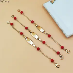 Kids Bracelet with Blank Curved Tag & Red Agate Beads, simple stylish design. Dainty versatile jewelry, elegant accessory for children's daily wear and casual occasions