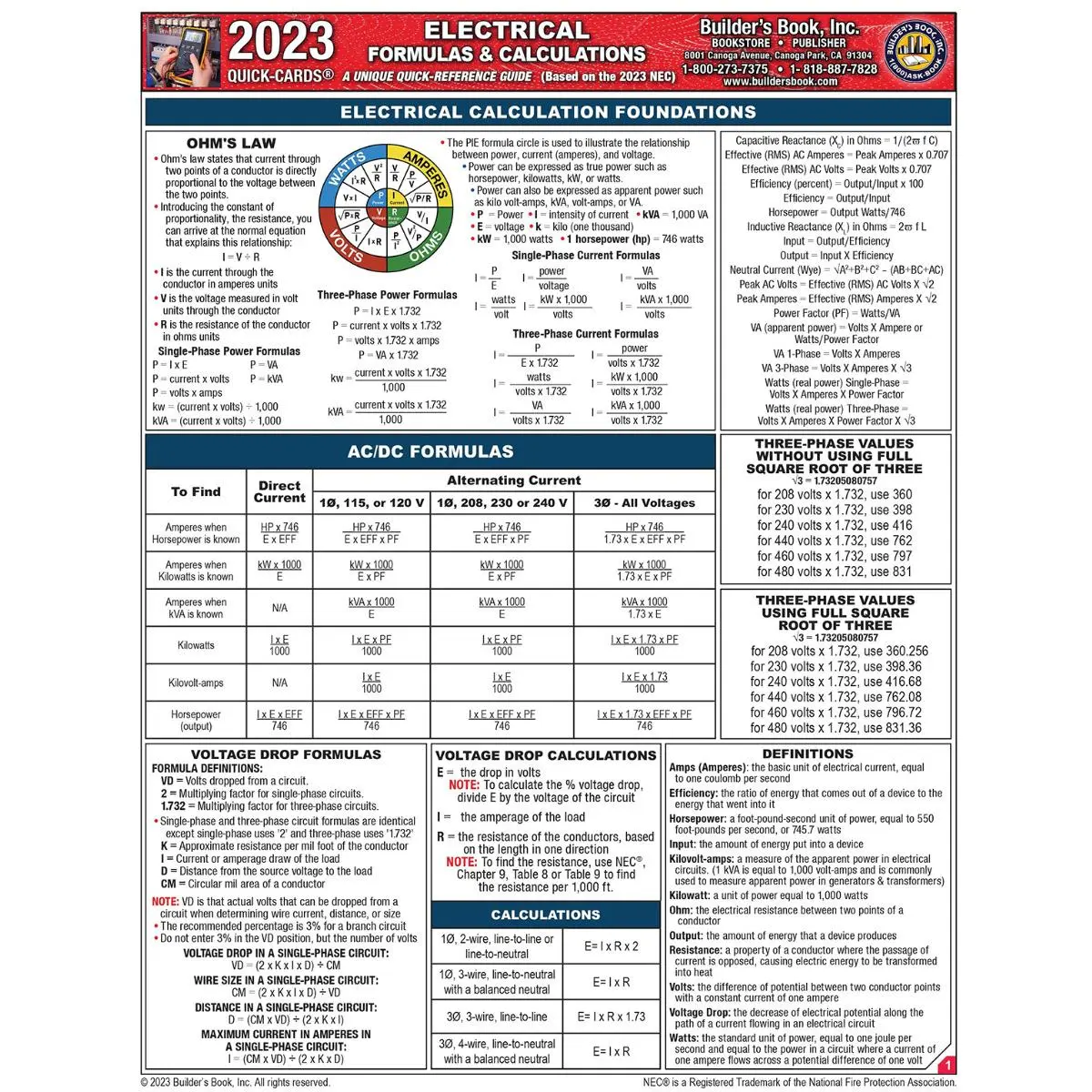 Electrical Formulas & Calculations Quick-Card based on the 2023 NEC