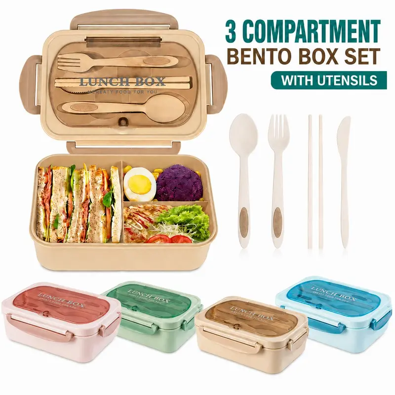 MIUVA Blue Rectangular 3-Compartment 1200ML Bento Box Container for Adults - Leak-Proof Portable Lunch Box, 1,000-2,000 ml Capacity, BPA-Free Microwave-Safe Plastic Lid, Compact Fits Backpacks and Bags, Utensils Included, Value Pack Holiday Gift